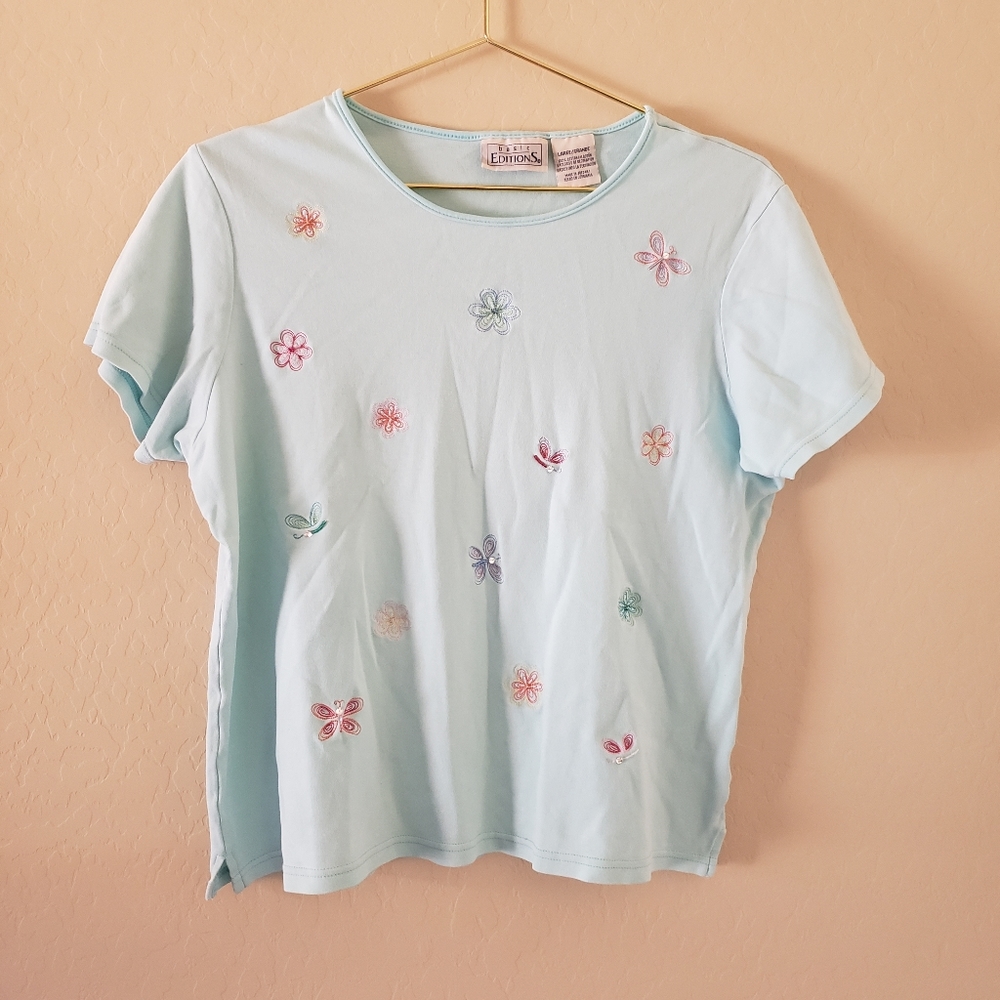 Basic Editions Butterfly & Flower T-Shirt Size L
